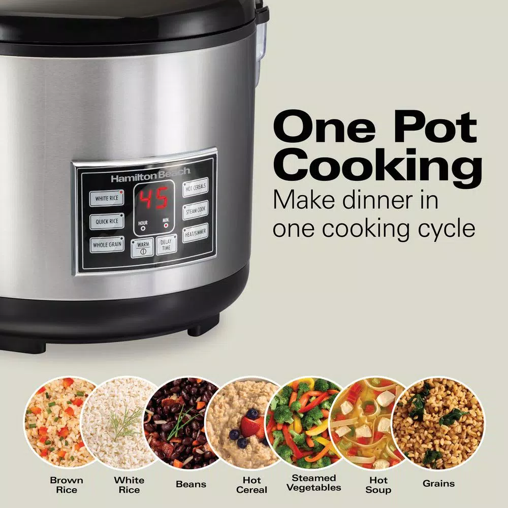 Hamilton Beach 20-Cup Stainless Steel Rice and Hot Cereal Cooker with Rice Rinser and Steam Basket
