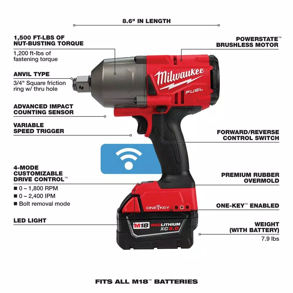 Milwaukee M18 FUEL ONE-KEY 3/4 in. High Torque Impact Wrench Kit with (2) 5.0 Ah Batteries