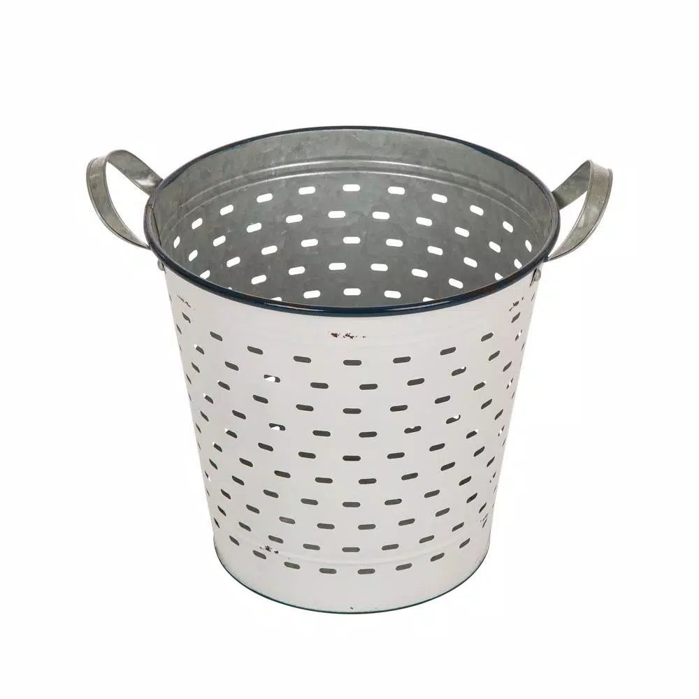 Glitzhome Farmhouse Enamel Metal Basket Set of 2 - White and Galvanized Iron Storage Baskets