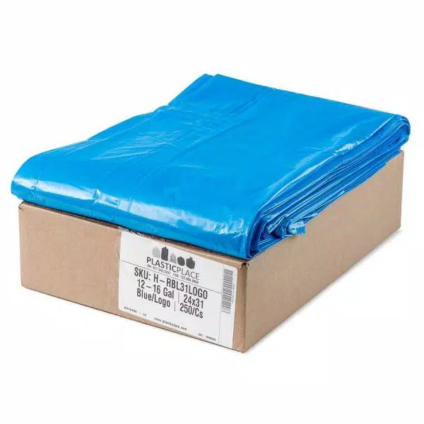 Plasticplace Blue Recycling Bags with Symbol, 12-16 Gal., 1.2 Mil, 250 Count Case