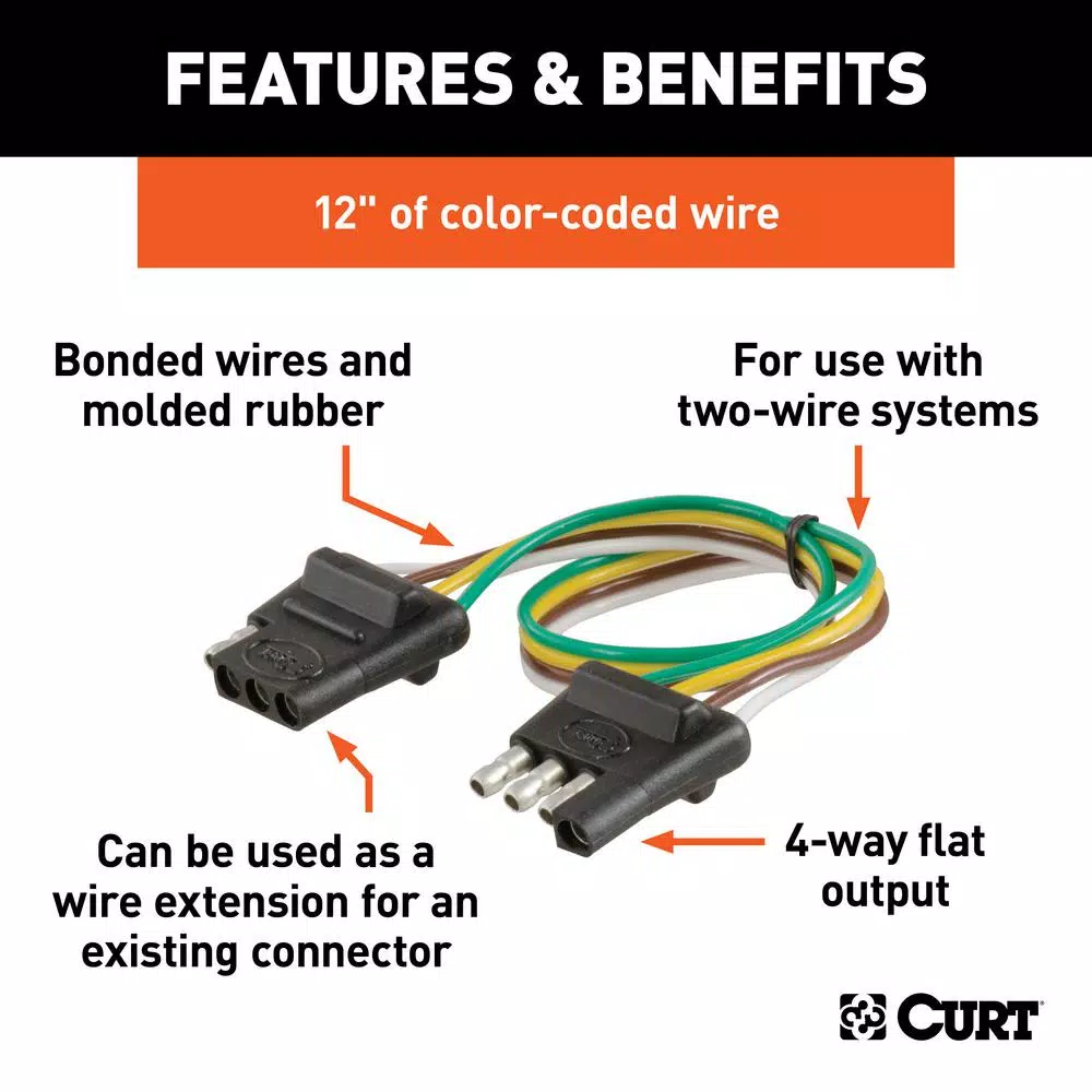 CURT 4-Way Flat Trailer Connector Plug & Socket with 12" Color-Coded Wires