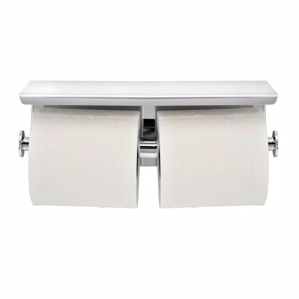 Alpine Industries Double Post Toilet Paper Holder with Storage Shelf, Chrome Finish