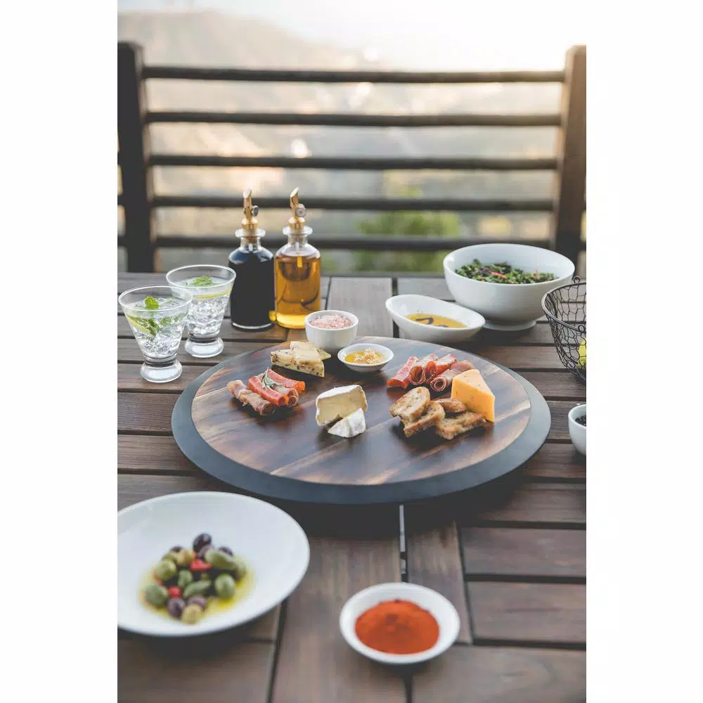 Picnic Time Acacia Wood Lazy Susan Rotating Serving Tray with 1" Chalkboard Rim