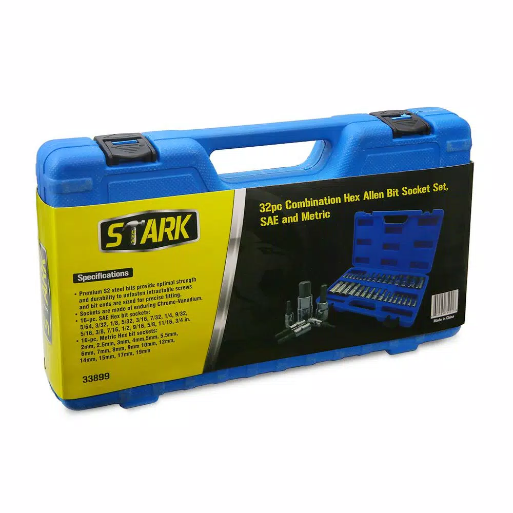 Stark 32-Piece SAE and Metric Hex Bit Socket Set, Chromium-Vanadium & S2 Steel