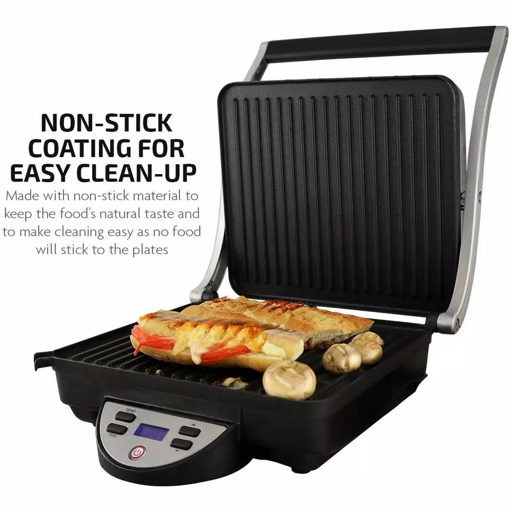 Ovente GP1000BR 1500W Brushed Nickel Non-Stick 4-Slice Panini Press & Gourmet Sandwich Maker