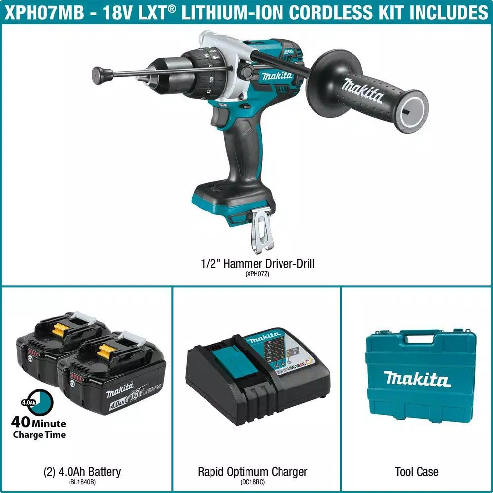 Makita 18V LXT Brushless 1/2 in. Cordless Hammer Drill Combo Kit with (2) 4.0Ah Batteries, Charger & Case