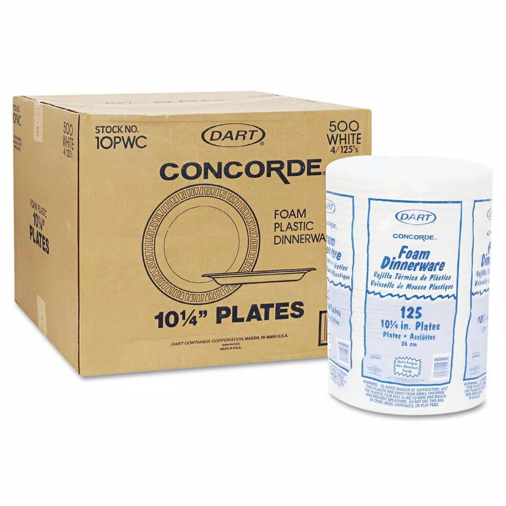 DART Concorde 10.25 in. White Foam Plates, Non-Laminated, 500 Count Case
