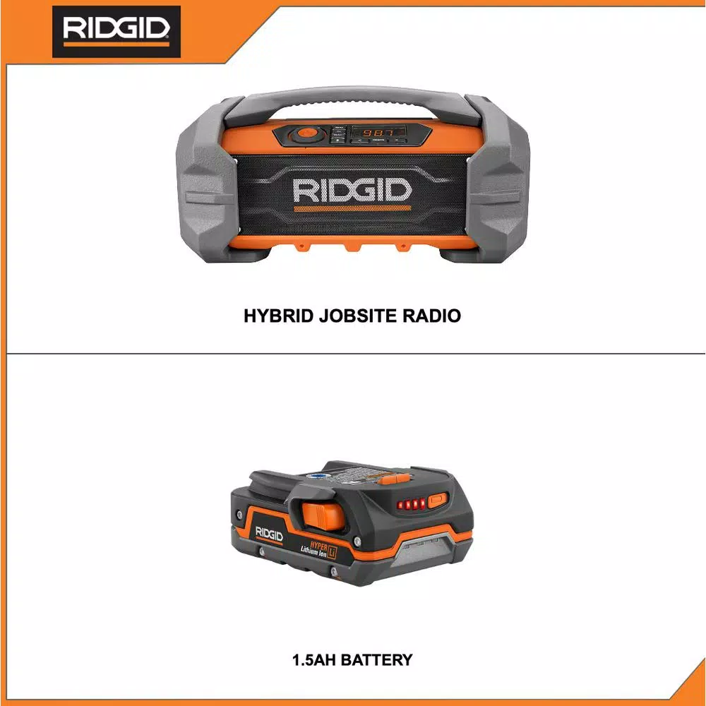 RIDGID 18V Cordless Hybrid Jobsite Radio with Bluetooth and 1.5 Ah Lithium-Ion Battery