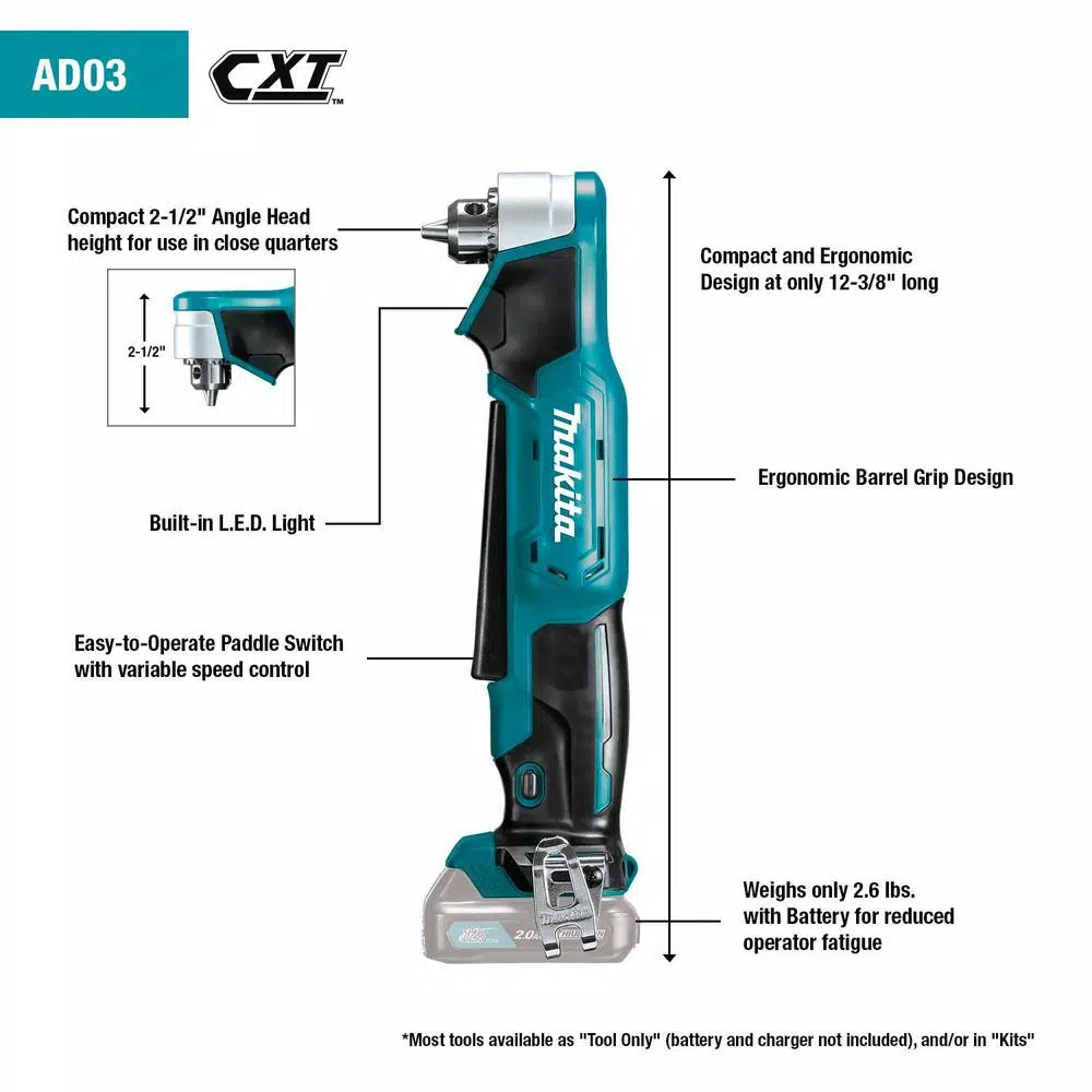 Makita 12V MAX CXT Lithium-Ion Cordless 3/8 in. Right Angle Drill Kit (2.0 Ah)