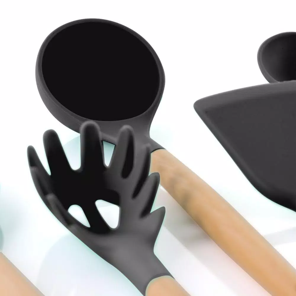 MegaChef 9-Piece Gray Silicone and Wood Kitchen Utensil Set with Ceramic Holder