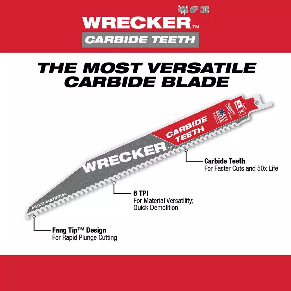 Milwaukee WRECKER 9 in. 6 TPI Carbide Teeth Multi-Material Reciprocating Saw Blade (3-Pack)
