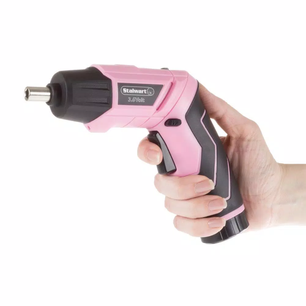 Stalwart 45-Piece Cordless Pivoting Screwdriver Set with 3.6V Lithium Battery and Carrying Case - Pink