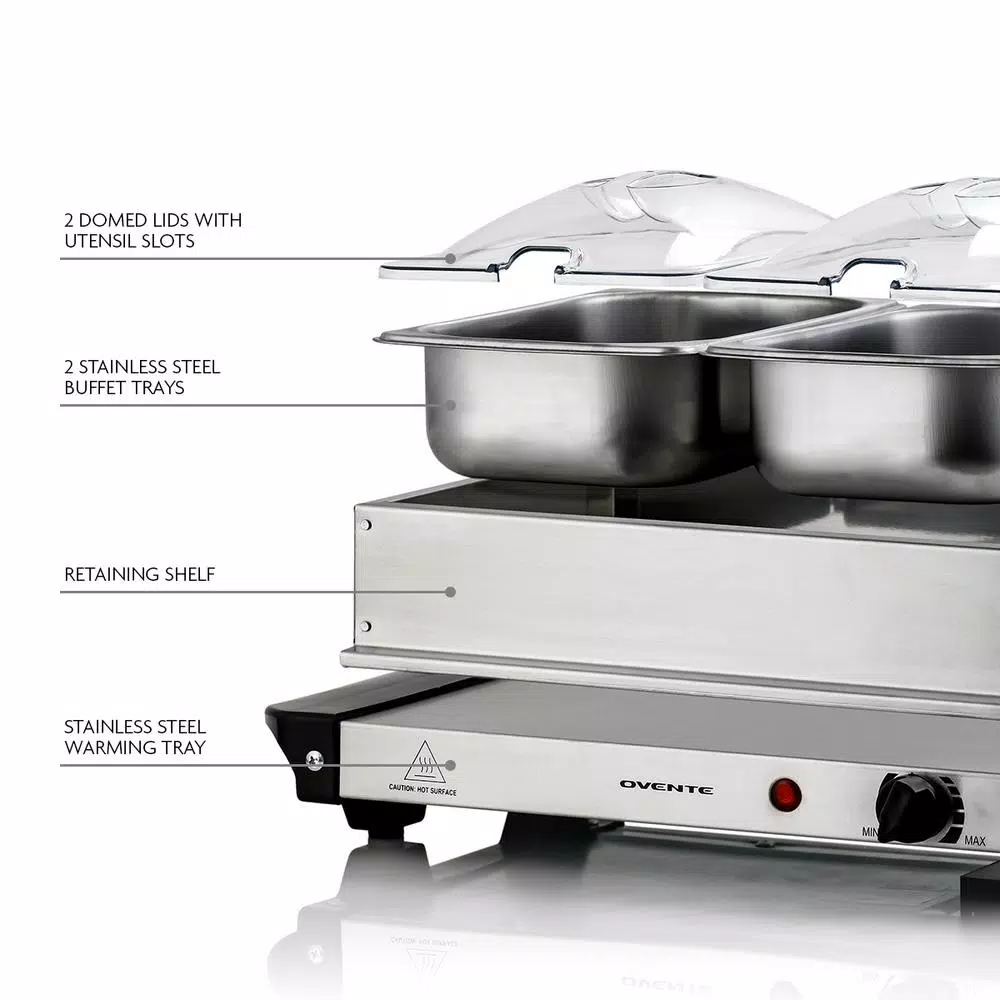Ovente 2.1 qt. Electric Buffet Server, Stainless Steel Chafing Dish with 2 x 1L Warming Pans and Lids