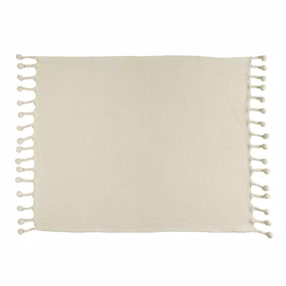 LR Home Cream Cotton Chevron & Herringbone Embroidered Braided Throw Blanket