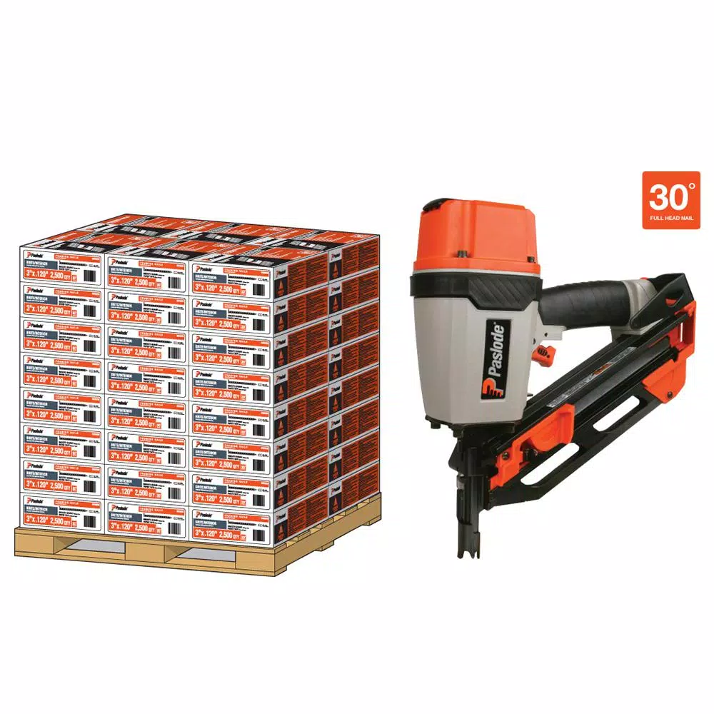 Paslode 30-Degree Brite Smooth Paper-Taped Framing Nails with Compact Framing Nailer Pallet Deal