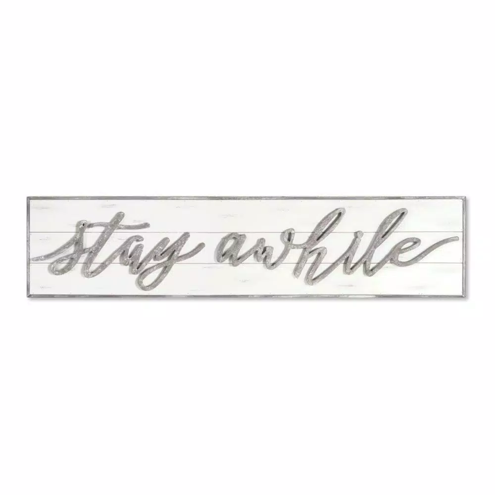 Unbranded Stay Awhile Wood Wall Sign - 48 Inch Weathered White Script Decor