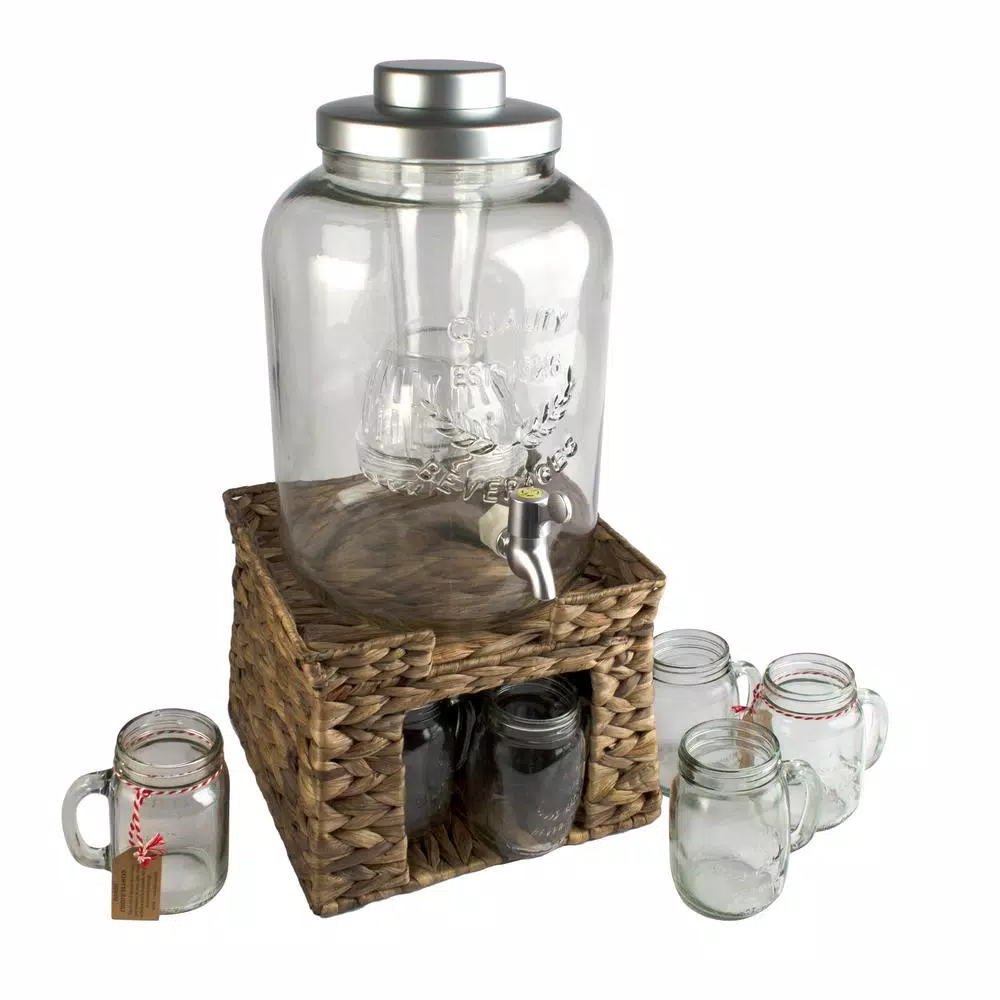 Artland Garden Terrace 3 Gal. Glass Beverage Dispenser Set with Water Hyacinth Stand and 6 Mason Jar Mugs