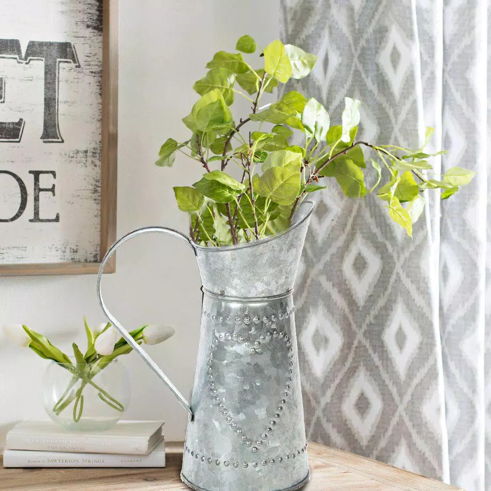 Benzara Gray Decorative Galvanized Metal Pitcher with Hammered Heart Design