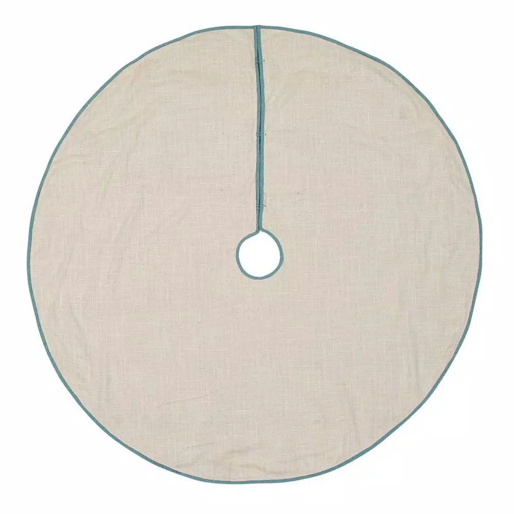 VHC Brands Sanbourne 55 in. Creme White Coastal Christmas Tree Skirt with Turquoise Chambray Trim