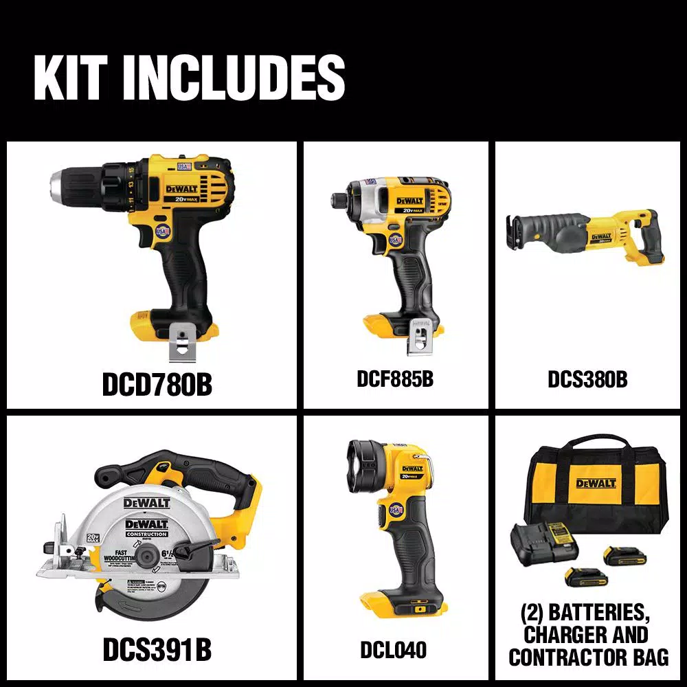 DEWALT 20V MAX Cordless 5-Tool Combo Kit with 2 Batteries and Charger