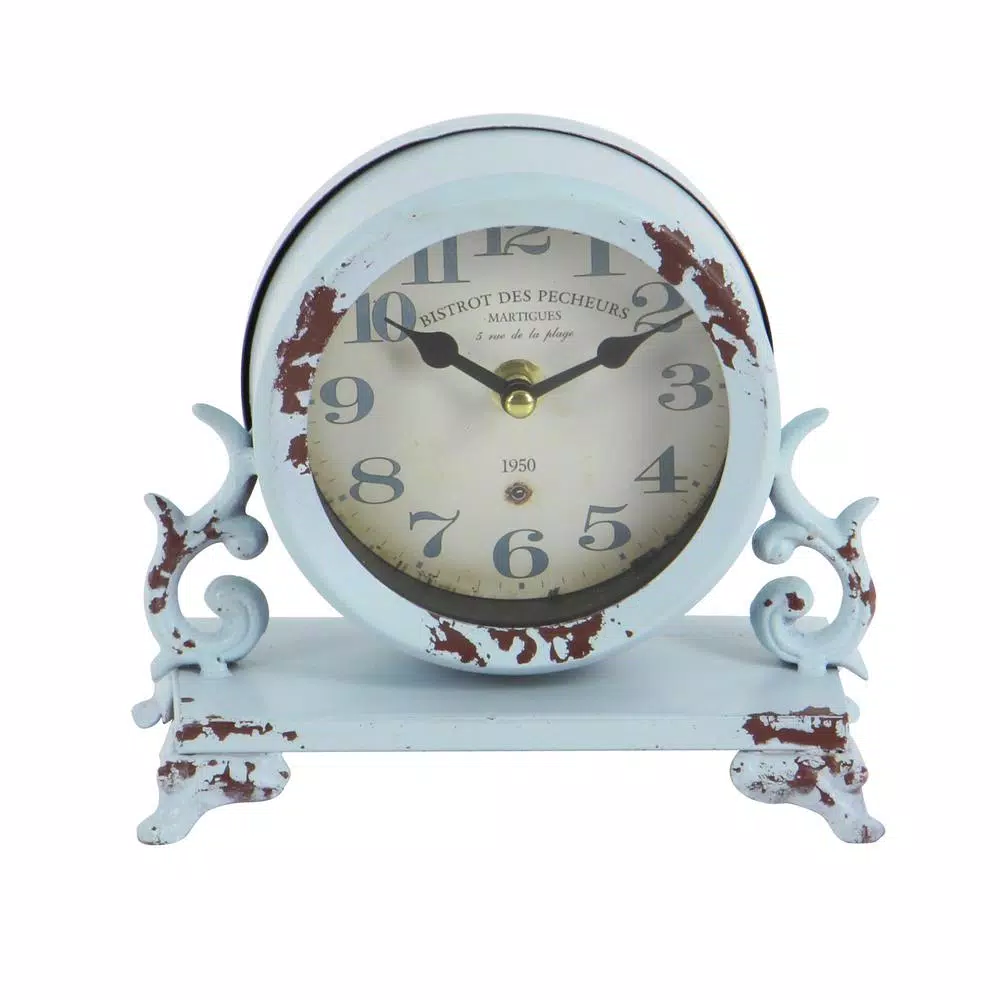 LITTON LANE 7 in. Burgundy Red and Mint Green Round Table Clocks with Scrollwork Base, Set of 2