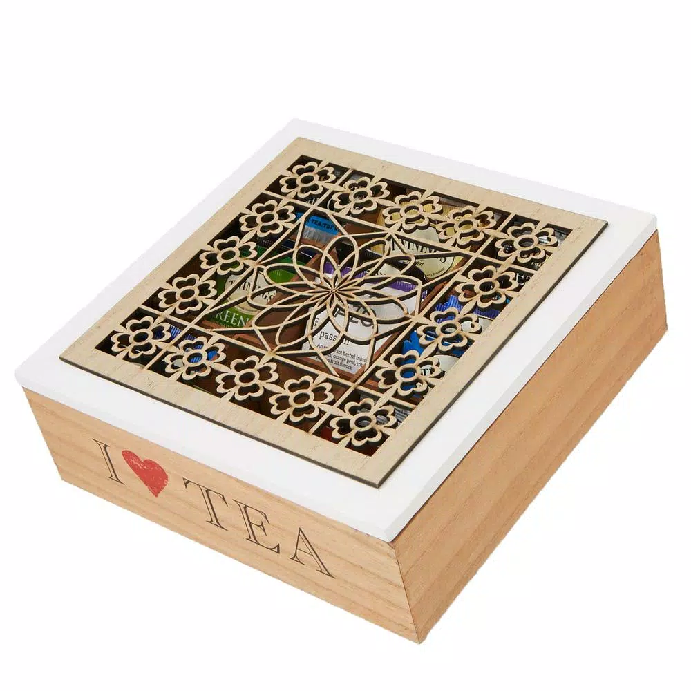 Mind Reader Brown Wood Floral Pattern Tea Box Storage Organizer Holder