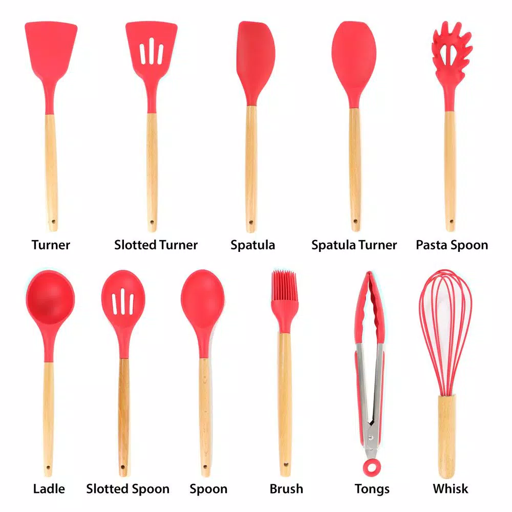 MegaChef 12-Piece Red Silicone and Wood Kitchen Utensil Set