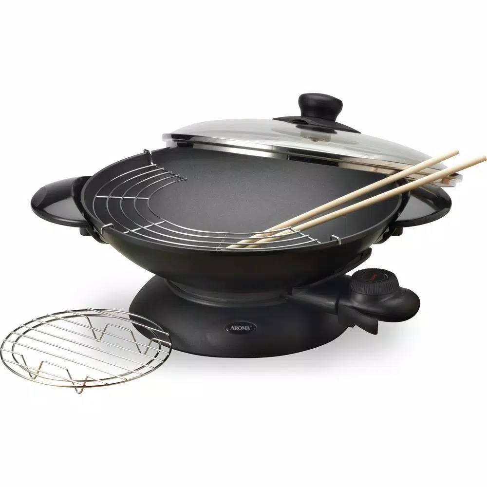 AROMA 5 Qt. Electric Wok with Non-Stick Cast Metal Bowl and Glass Lid