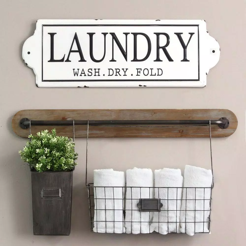 HomeRoots Wash Dry Fold Metal Laundry Room Wall Décor - Farmhouse Style Sign