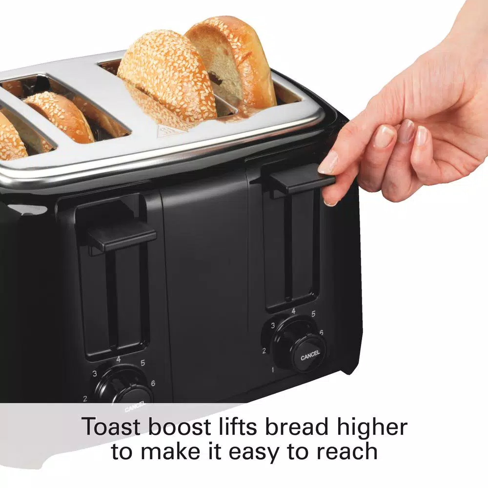 Proctor Silex 4-Slice Black Wide Slot Toaster with Crumb Tray and Toast Boost
