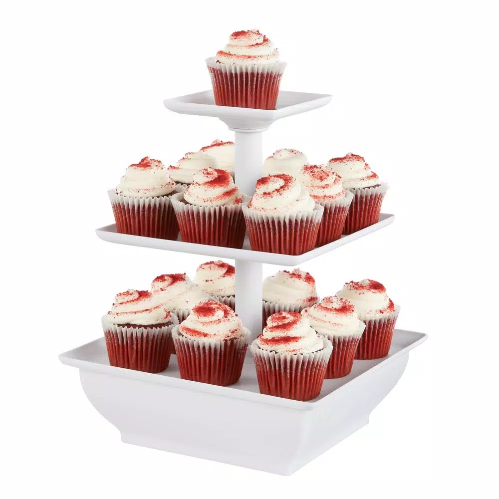 Chef Buddy 3-Tier Collapsible Dessert Stand, Square White Serving Tray Set with Self-Storing Base