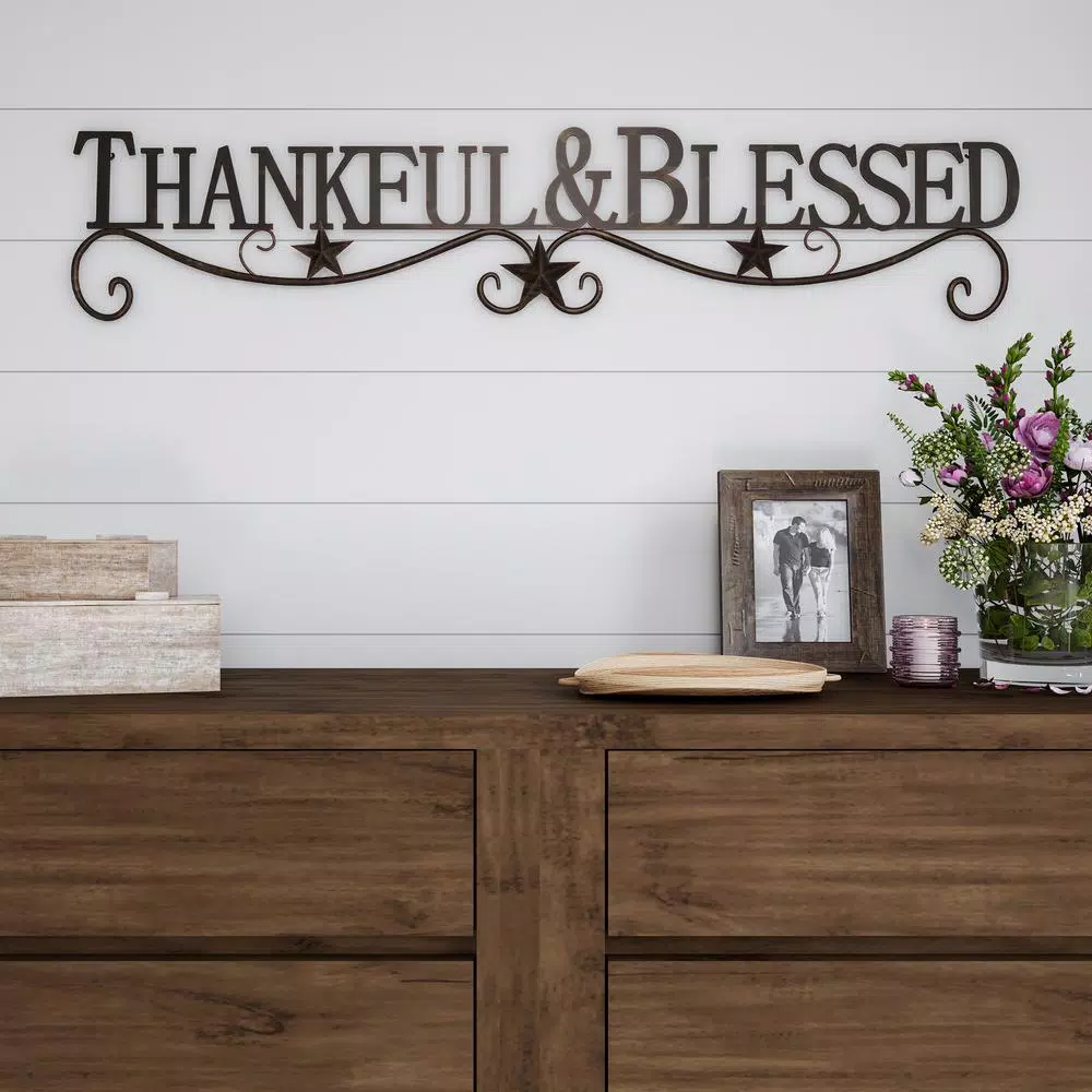 Lavish Home Thankful and Blessed Metal Cutout Wall Sign, Distressed Dark Brown