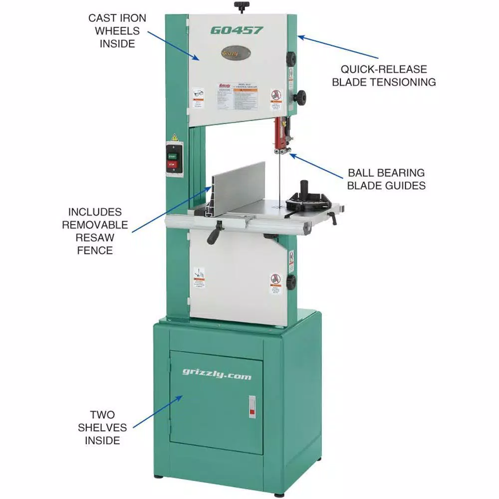 Grizzly Industrial 14-in. Industrial 2 HP Deluxe Vertical Bandsaw with Cast Iron Wheels and Stand