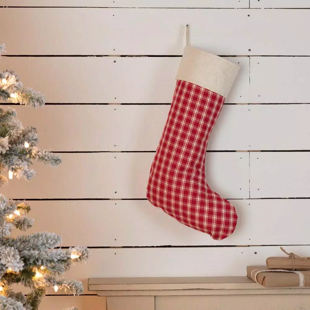 VHC Brands 20 in. Red Plaid Cotton Christmas Stocking - Farmhouse Holiday Decor