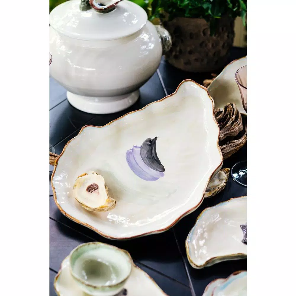 Abigails Seaside Ivory and Lavender Ceramic Oyster Platters, Set of 2
