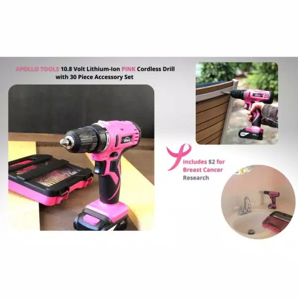 Apollo 10.8V Cordless Drill Driver Kit with 30-Piece Accessory Set, Pink