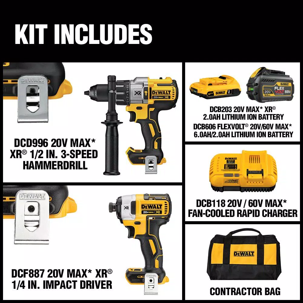 DEWALT 20V MAX Brushless Hammer Drill and Impact Driver Combo Kit with FLEXVOLT 6.0Ah Battery