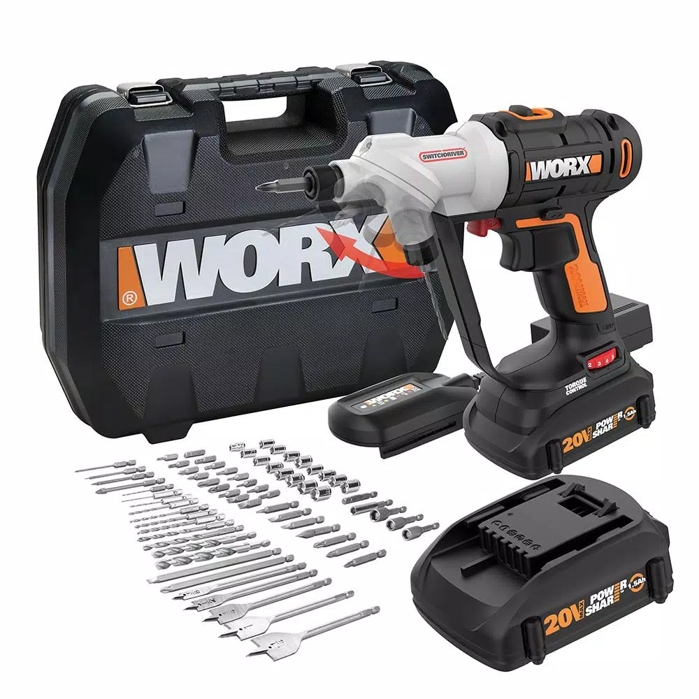 Worx 20V Power Share Switchdriver Cordless 1/4 in. Drill/Driver with 67-Piece Accessory Kit