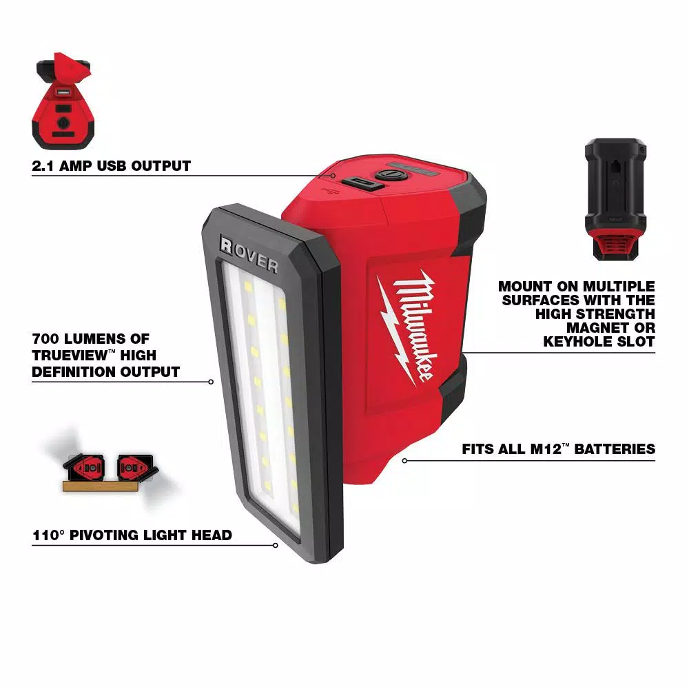 Milwaukee M12 ROVER 12V Lithium-Ion 700 Lumen Pivoting Flood Light with USB Charging