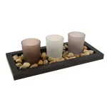 LUMABASE Pebble Candle Tray Set with 3 Frosted Glass Votive Holders and Smooth Pebbles - Black Wood thumbnail 1