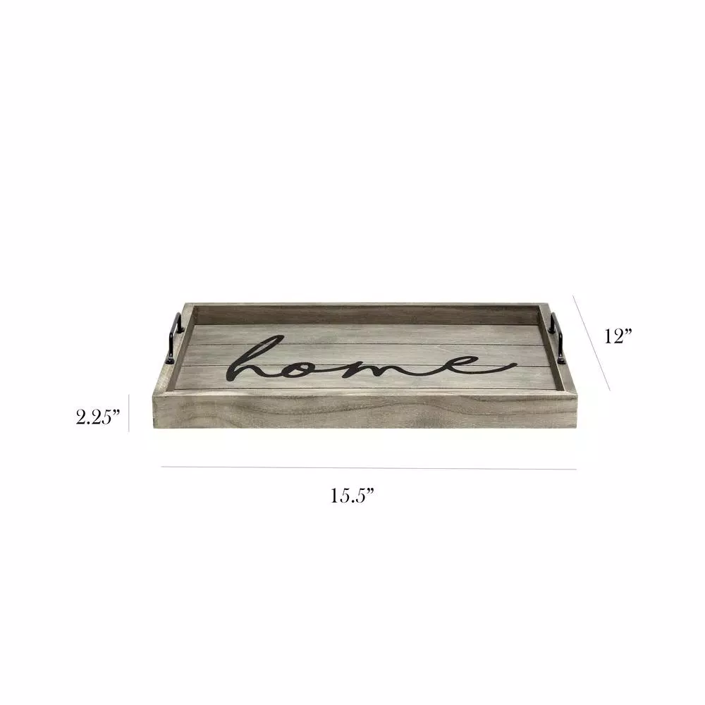 Elegant Designs Rustic Gray Wooden Decorative Serving Tray with Black Metal Handles