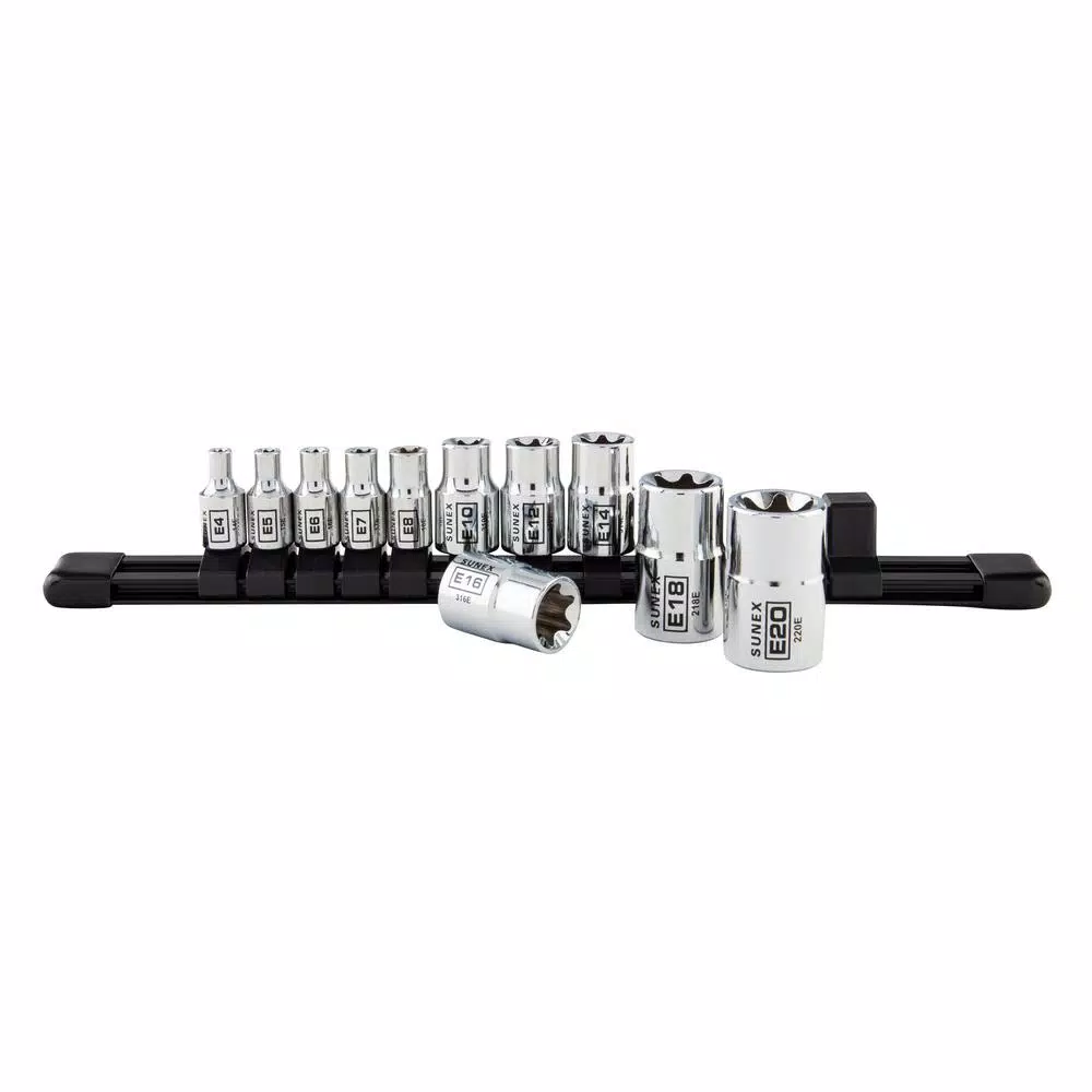 SUNEX TOOLS Sunex 11-Piece Inverted Star Socket Set with Rail, 1/4 in., 3/8 in., and 1/2 in. Drive, Chrome