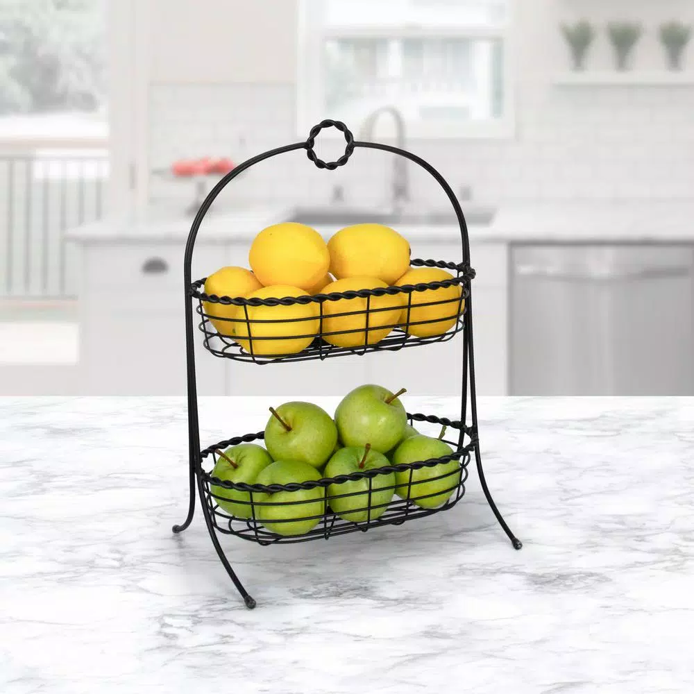 Spectrum Everly 2-Tier Oval Steel Fruit Basket & Serving Stand, Black