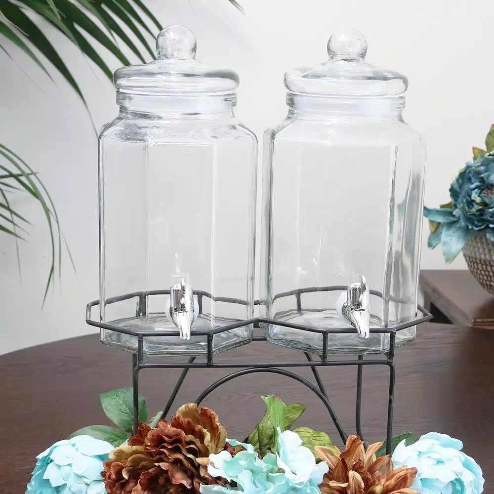 Gibson Home Party Duo Twin 4 Qt. Glass Beverage Dispenser Set with Stand