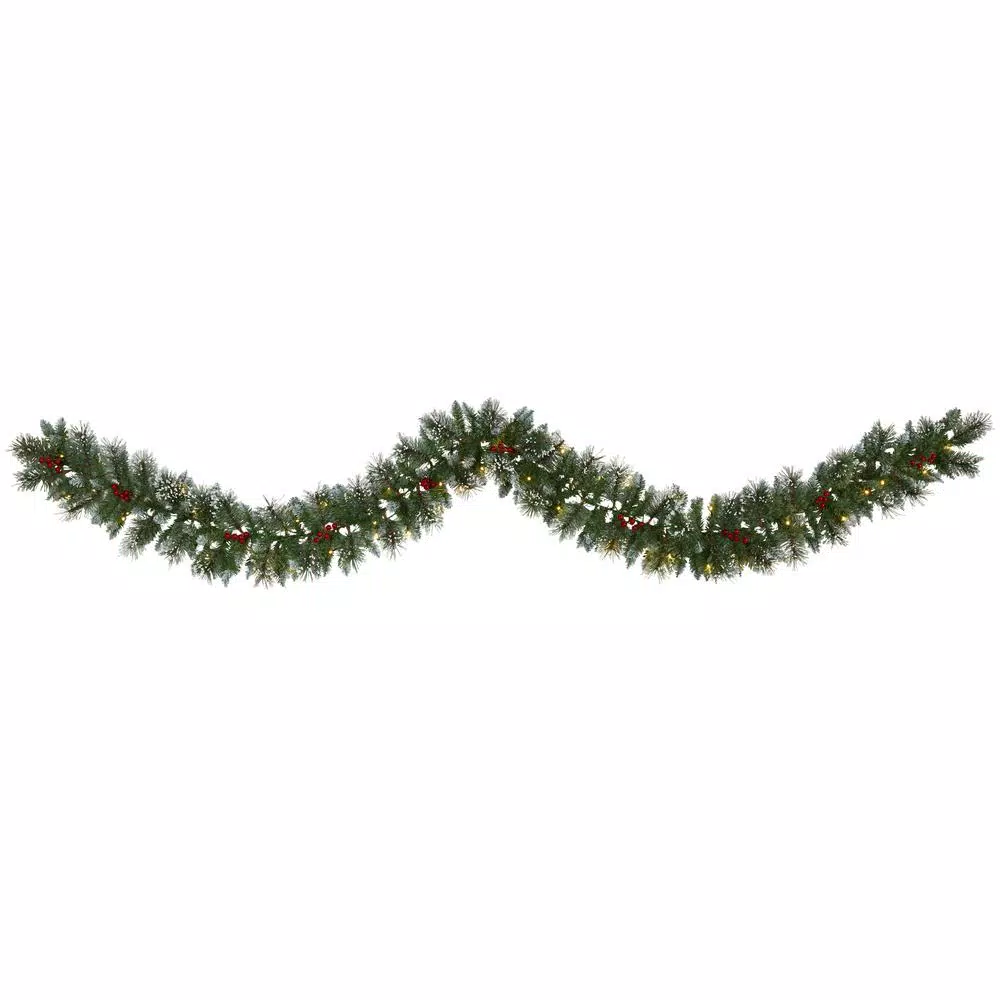 Nearly Natural 9 ft. Pre-lit Frosted Swiss Pine Artificial Garland with 50 LED Lights and Berries