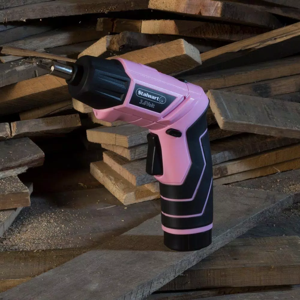 Stalwart 45-Piece Cordless Pivoting Screwdriver Set with 3.6V Lithium Battery and Carrying Case - Pink
