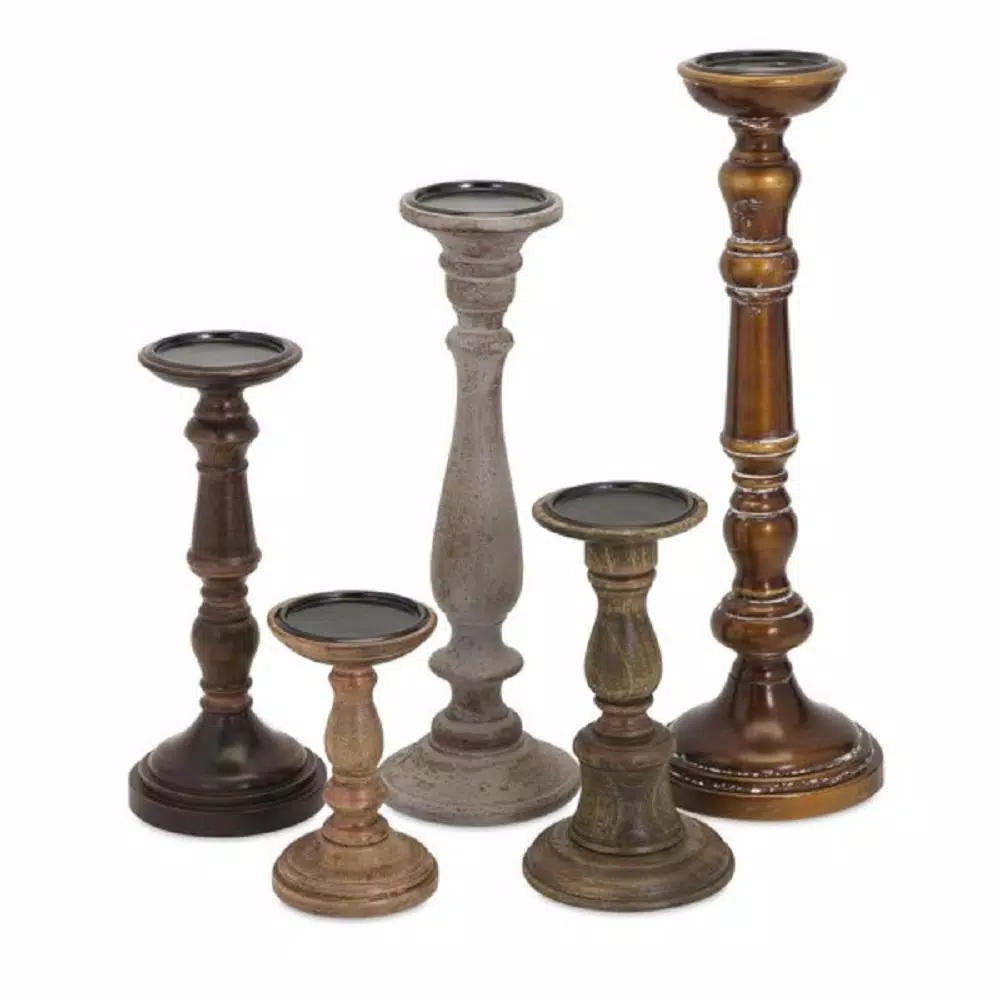 IMAX Rozzi Wooden Candle Holders Set of 5 - Rustic Multi-Colored Candlesticks