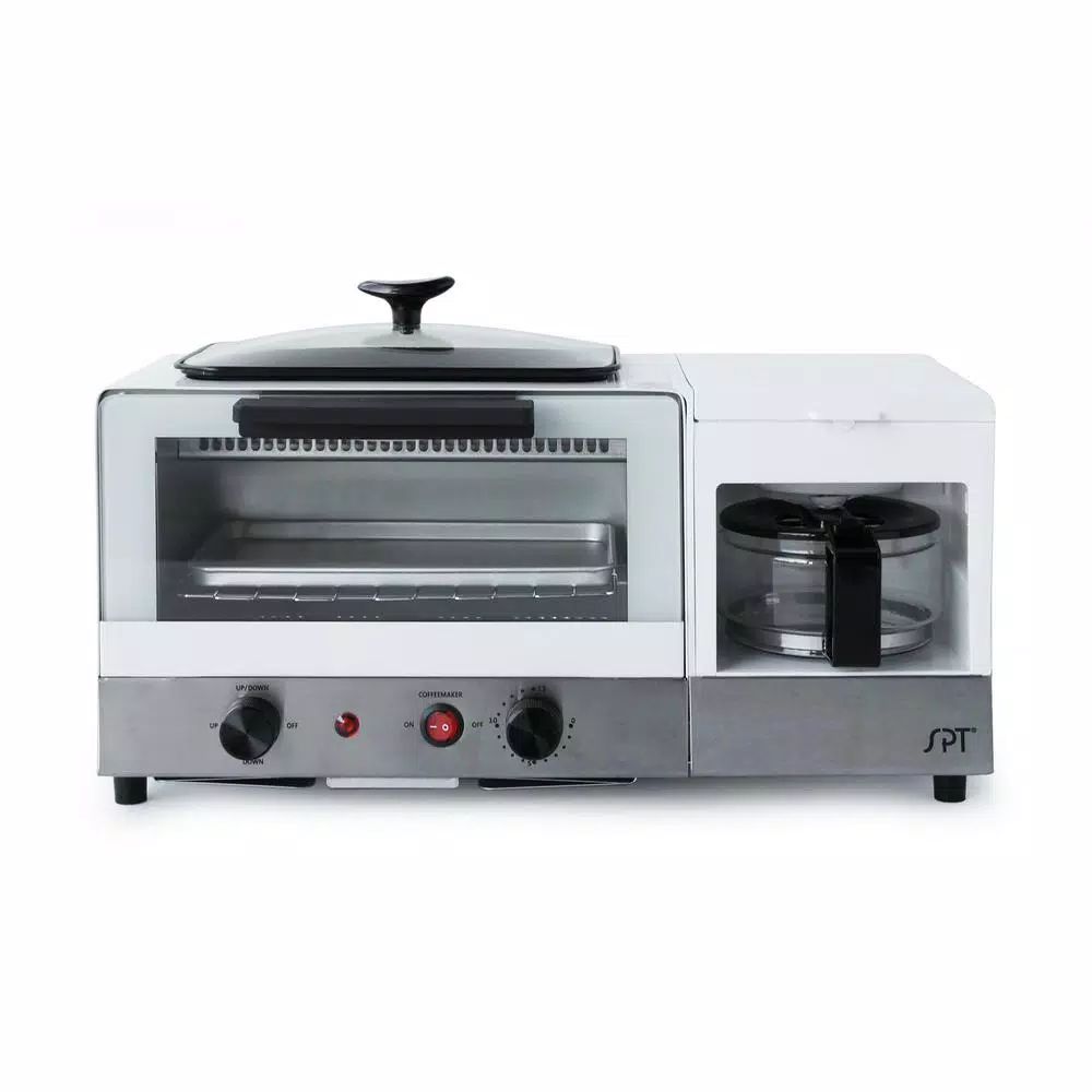 SPT 3-in-1 Breakfast Center 1450W Toaster Oven, Coffee Maker, and Griddle - White and Stainless Steel