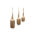 Benzara Gold 3-Piece Metal Animal Harmony Bell Set with Floral Embossed Design and Hanging Rope thumbnail 1