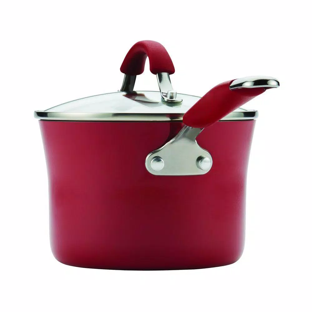 Rachael Ray Cucina 2-Qt. Aluminum Nonstick Saucepan with Glass Lid, Cranberry Red